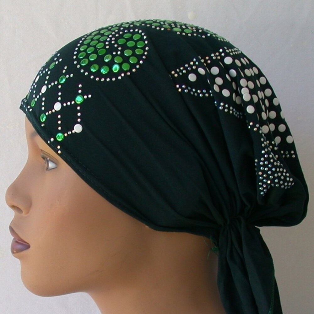 DARK GREEN Pre-Tied Stud Fashion Cap Slip On Bonnet Hijab Undercap #3